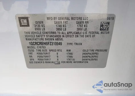 2015 Chevrolet Silverado 1500 1Lt z USA, uszkodzony, nr VIN 1GCRCREH6FZ310949